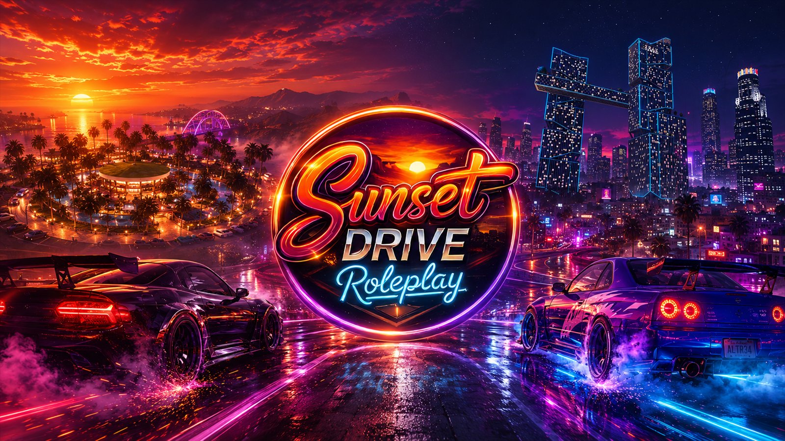Sunset Drive Roleplay &mdash; neon city skyline at sunset with two tuned cars